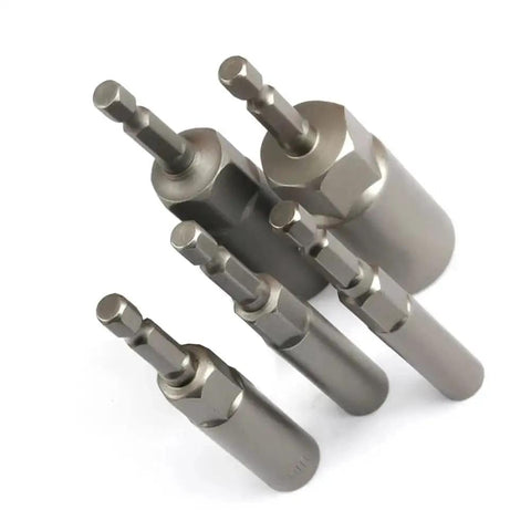 Get This Heavy Duty 5 Pc Hex Socket Adapter Kit With Magnetic Bits For Bolt Removal And Drill Work Made From Chrome Vanadium Steel That Stays Hard And Tough For Any Job You Might Face. Five chrome vanadium steel hex socket adapters with magnetic bits, angled view