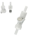 White plastic hose-barb inline quick connector with shut-off valve; 1/4" size, 1 male + 1 female.