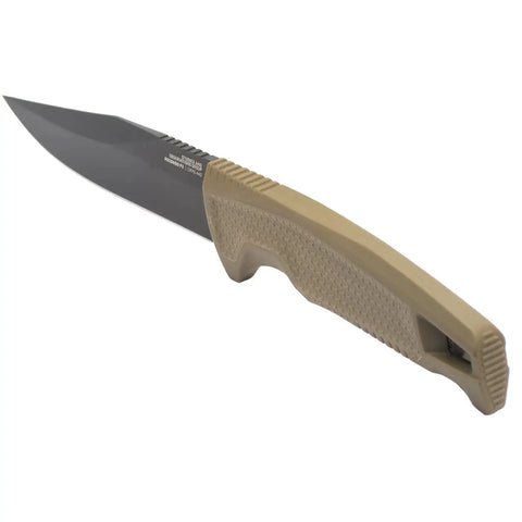 Recondo FX Fixed Blade Duty Knife With Straight Edge Cryo 440C Stainless Steel Blade showing rubberized grip in FDE