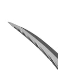 Close-up of serrated blade tip of K202 Lavender Harvest Sickle And Berry Knife With Notched Wooden Handle, curved design.
