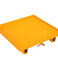 Heavy Duty Spill Containment Platform With Drain Outlet For Metal Steel Tray Safe Fluid Storage Chemical Spill Control And Industrial Use Polyethylene Tray in vibrant yellow with drain.