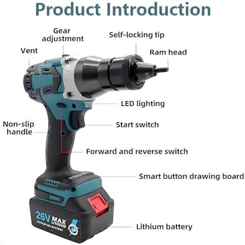 Pro Grade Heavy Duty Cordless Rivet Gun With Hella Strong 5.2Ah Battery For Quick M3 To M12 Threaded Nut And Bolt Installer On Steel Frame Or Auto Shop Panel showing detailed components and features.