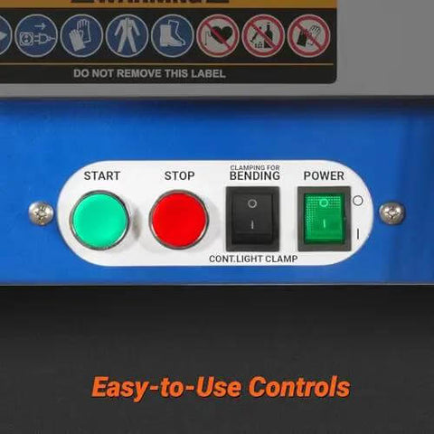 Control panel of Industrial Magnetic Pan And Box Sheet Metal Brake For 20 Gauge Capacity Heavy Duty Pro Grade Press Brake with buttons and switches.