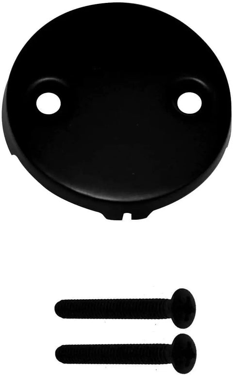 Two Hole Overflow Face Plate With Screws, Three And One Eighth Inch Matte Black Drain Plate For Two Hole Elbows, Heavy Duty Metal Construction, Includes Two Brass Screws, Durable Bathroom Sink Waste Elbow Accessory