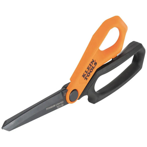 Titanium-Coated Professional Scissors For Heavy-Duty Cutting with stainless steel blades and ergonomic grips, side view.