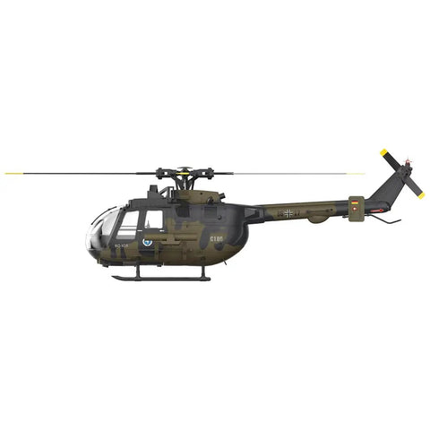 Side view of Era C180 BO-105 RC Helicopter with 6-Axis Gyro, 6CH Brushless Motor, camouflage design, ready-to-fly for beginners.
