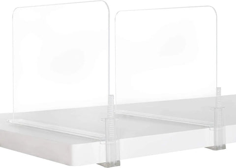 Acrylic Closet Shelf Dividers 8 Pack Clear Organizer for Purses and Sweaters on a white shelf, adjustable up to 2.5 inches thick.