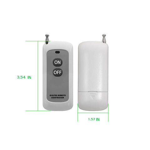 Remote for High Power Wireless Remote Relay Switch For 12V And 24V Systems, shown front and back, 3.54x1.57 in size.