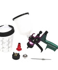 Kick-Butt 1.4mm Air Spray Gun With 1.8mm Nozzle Kit Eases Through Varnishes Primers Paints Without A Sweat Includes 400cc Mixing Cup And 600cc Tank For Smooth-as-Silk Pro Finishes Daily setup with nozzle cup and accessories.