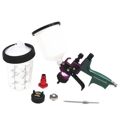 Kick-Butt 1.4mm Air Spray Gun With 1.8mm Nozzle Kit Eases Through Varnishes Primers Paints Without A Sweat Includes 400cc Mixing Cup And 600cc Tank For Smooth-as-Silk Pro Finishes Daily setup with nozzle cup and accessories.