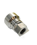 Side view of stainless steel waterjet seal component with hex nut body and threaded bore.