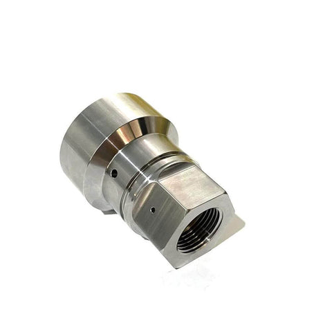 Side view of stainless steel waterjet seal component with hex nut body and threaded bore.