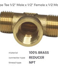 Front view of brass pipe tee 1/2in male x 1/2in female x 1/2in male for plumbing connections