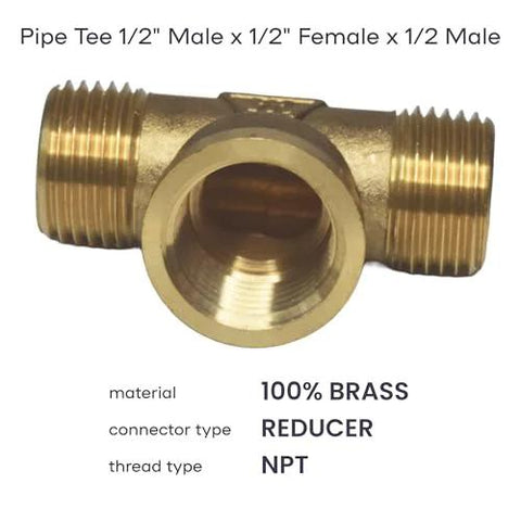 Front view of brass pipe tee 1/2in male x 1/2in female x 1/2in male for plumbing connections