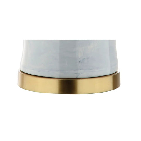 Close-up of brass gold base on Blue And White Marble Ceramic Table Lamp In Ginger Jar Style With Brass Gold Base And White Linen Drum Shade 26 Inches Tall LED Bulb Included ETL Listed For Safety Classic Yet Modern Home Accent