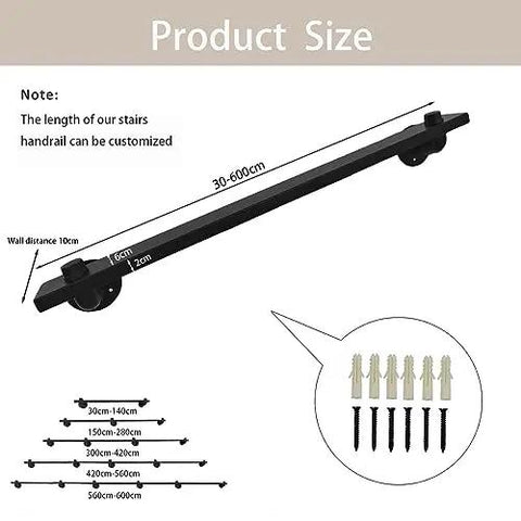 Rock Solid Black Metal Wrought Iron Stair Railing With Modern Wall Mount Handrail For Indoor And Outdoor Use showing size specifications.
