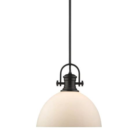 Hines Pendant In Pewter With Seeded Glass Shade, transitional ceiling light with black metal and opaque glass.