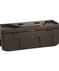 Straight Up Heavy Duty Clear Plastic Poly Utility Chest Tool Box 35 By 13 By 14 Inches shown side angle with secure lid for storage.