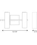 Diagram showing dimensions of Colonnade LED 2 Light Vanity Light With Etched White Glass Shades, Polished Chrome Finish, Dimmable Indoor Fixture.