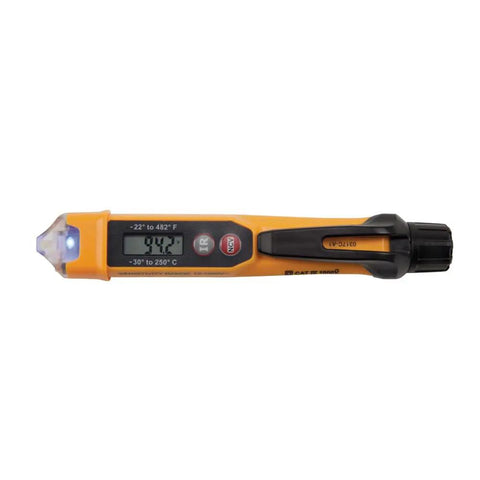 Yellow handheld Non Contact Voltage Tester With IR Thermometer, displaying temperature, LED light, pocket clip, HVAC tool.