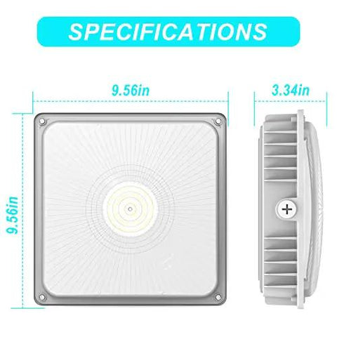 Beast Bright 75W Outdoor Canopy Light 9750LM 5000K Daylight IP65 Waterproof 9.56x3.34 inches front and side view