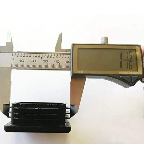 Close-up of caliper measuring square plastic plug for 2x2 tubing, shows inside diameter 1.85 inches, part of 8 Pack 2 Inch Square Plastic Plugs For Square Tubing Posts With Inside Diameter 1.85 To 1.90 Inches, Heavy Duty End Caps For 2x2 Inch Tubing, Flexible Retaining Ridges For Secure Fit.