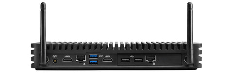 Heavy Duty Rugged Mini Computer With No Sweat Fanless Cooling Running Beefy Intel Core I5 Eight Three Six Five U showing rear connections and antenna.