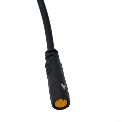 Top Tier 3 Pin Ebike Extension Cable Extender For Bafang Throttle And Brake Sensors 57cm Long Wire With Pure Copper Cores Gold Plated Contacts Built Tough. close-up of black 3-pin ebike extension cable connector