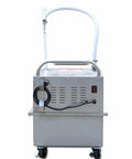 Workhorse 55 Liter Mobile Fryer Oil Filter Cart With Slick 550 Watt Pump, stainless steel, rolling base, back view.
