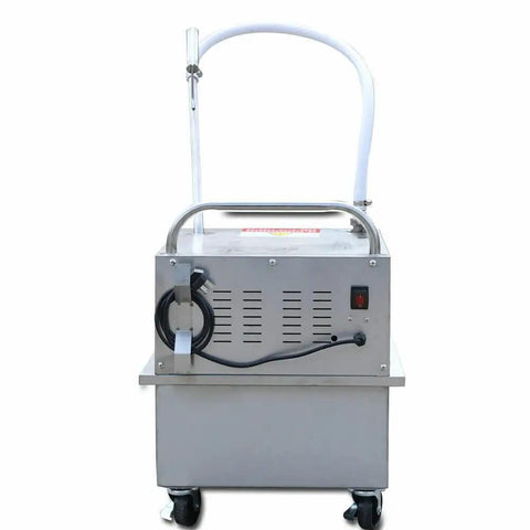 Workhorse 55 Liter Mobile Fryer Oil Filter Cart With Slick 550 Watt Pump, stainless steel, rolling base, back view.
