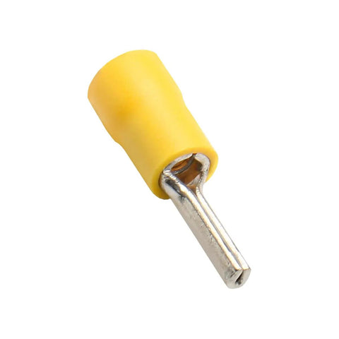 Close-up of Insulated Yellow 0.11 Inch Pin Terminals Quick Disconnect Set, 50 Pack, 12-10 AWG Wire, Tin Plated Copper Crimp Connectors