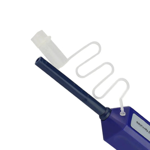 Zenithra fiber optic cleaner pen, blue handle with white looping cleaning ribbon, front view