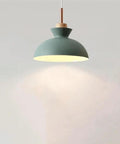 11inch Wood Pendant Light,Retro Wooden Hanging for Kitchen Island in matte green with a metal lampshade for vintage decor.