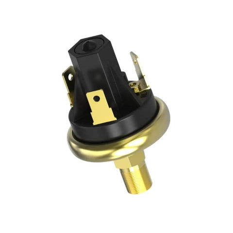 Adjustable Air Pressure Switch With 10 Psi Set Point Plus Minus 3 Psi, Pressure Gauge Included, shown in a compact design