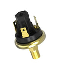 Close-up of Heavy Duty Pressure Switch with Built In Gauge For Air Oil And Water Systems, industrial grade, black and gold finish