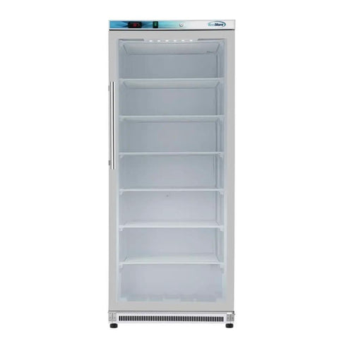 Legit 21 Cubic Feet Glass Door Freezer With Digital Temp Control And Adjustable Shelves Heavy Duty Steel Exterior shown front view with five empty shelves.