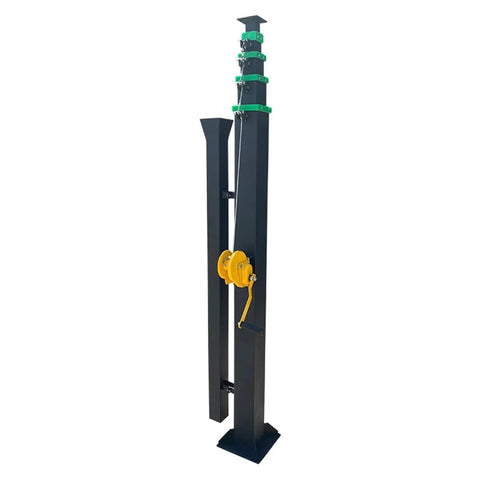 Heavy Duty Rock Solid Hand Crank Telescopic Lift Mast With Double Steel Wire Cable For Job Site Lighting And Gear Mounting Adjustable Modular Outdoor Work Pole, black metal structure with yellow pulley.
