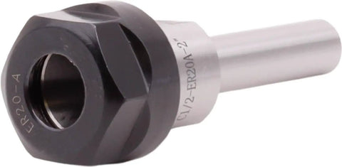 Close-up of Set of 4 ER-20 Straight Shank Collet Chuck Extensions, half inch shank diameter, two inch length, for CNC milling.