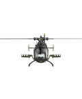 Frontal view of Era C180 BO-105 RC Helicopter With 6-Axis Gyro, 6CH Brushless Motor, Optical Flow Stabilization, camouflage design.