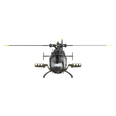 Frontal view of Era C180 BO-105 RC Helicopter With 6-Axis Gyro, 6CH Brushless Motor, Optical Flow Stabilization, camouflage design.