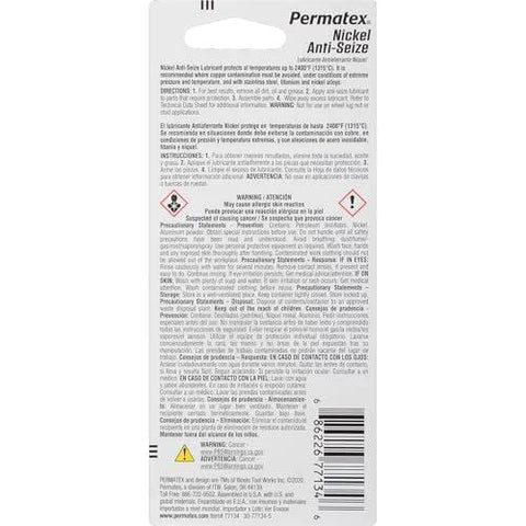Back of Permatex Nickel Anti-Seize Lubricant .5 oz tube packaging with barcode.