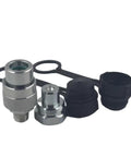 Front view of LX-KZE-B-02 1/4in NPT hydraulic quick-connect coupler set with two black dust caps and metal fittings.