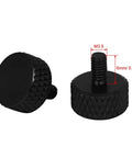 Two black knurled thumb screws, size M3.5-0.6x6mm, flat head, shown from side and top view, for easy hand install in PC builds and upgrades.