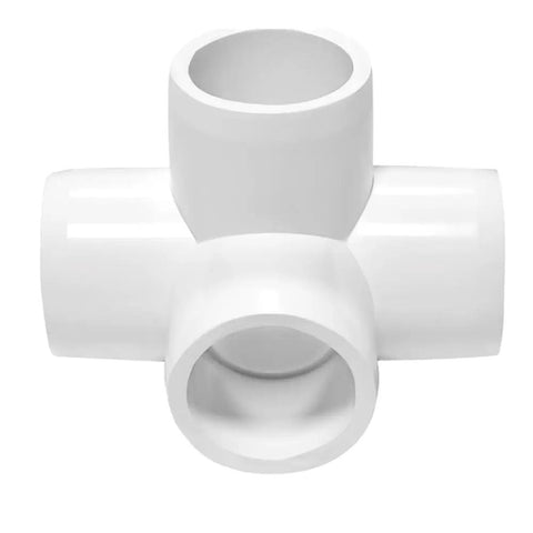 Half Inch 4 Way Elbow PVC Pipe Fitting Adapter 4 Way SCH40 Connector with deep sleeve for secure 90 degree joints, white PVC, front view