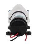 Rugged 12V RV Water Pump With Self Priming, 3 GPM, 50 PSI, 3 Chamber Design, showing front view with wiring and mounting.