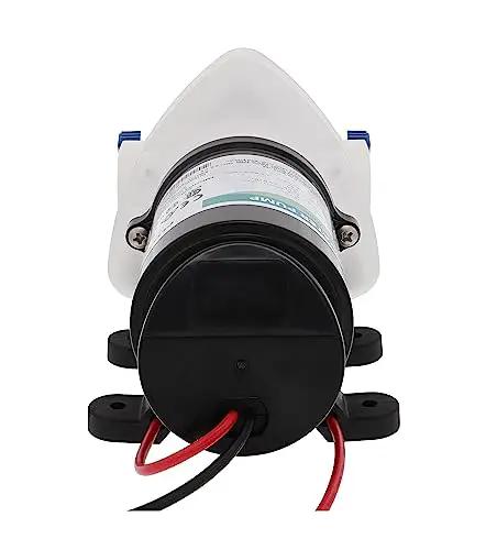 Rugged 12V RV Water Pump With Self Priming, 3 GPM, 50 PSI, 3 Chamber Design, showing front view with wiring and mounting.