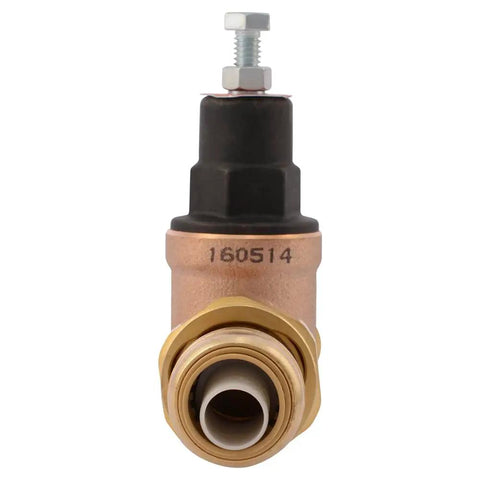 Front view of SharkBite Push To Connect Three Quarter Inch Pressure Regulating Valve With Double Union, brass valve.