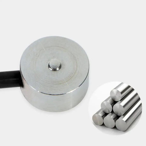 5kg Button Type Compression Load Cell Sensor With 2m Cable, Tiny But Mighty Miniature Strain Gauge Scale For Precise Weighing, IP66 Stainless Steel, Low Height 7mm, 13mm Diameter, Great For Compact Scales. Stainless steel button load cell with 2m cable, close-up.