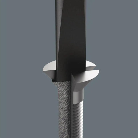 Close-up of ESD Safe Kraftform Micro Slotted Screwdriver tip engaging small fastener, showing precision magnetic tip design.