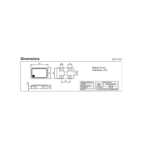 Technical diagram of Ten Pack Active Patch Crystal 5032 Oscillator 22 MHz 22.000 MHz, 5 By 3.2 Mm Size, dimensions and connections